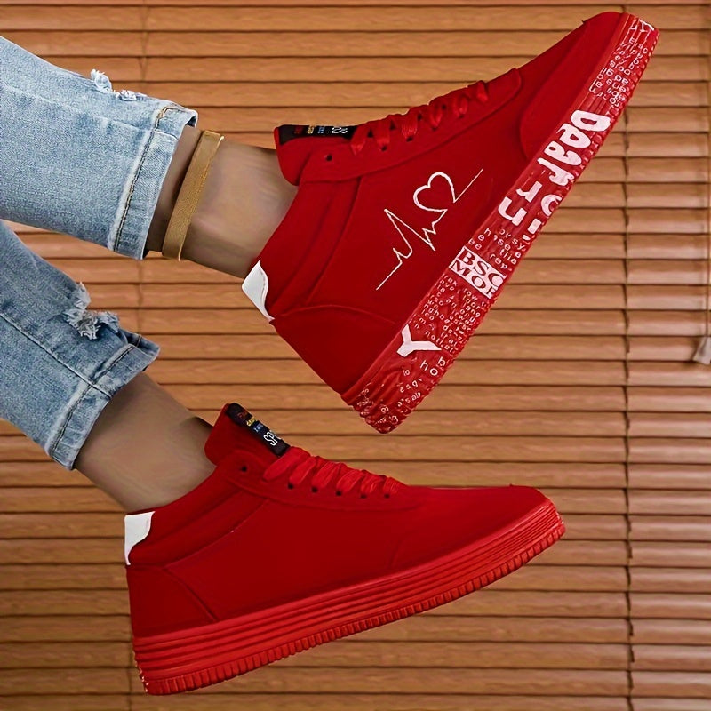 Red high-top skate sneakers for women with heartbeat design, rubber sole, fabric lining, perfect for all seasons outdoor casual wear.