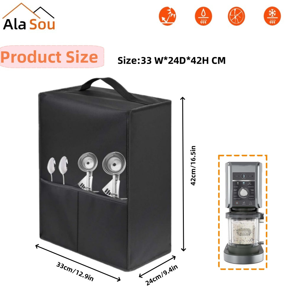 Protect your ice cream maker with the AlaSou Heavy-Duty Dust Cover. The black cover features a clear window, is waterproof and easy to clean. Compatible with various types of ice cream, it includes a handle and storage pocket for convenient kitchen and