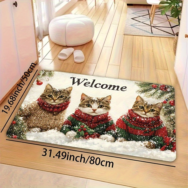 Welcome your guests with the festive 3 Cats Christmas Welcome Mat! This rectangular rug is 8mm thick and made of machine washable polyester with a PVC backing. Its durable construction allows it to be used indoors in doorways, kitchens, bathrooms, living