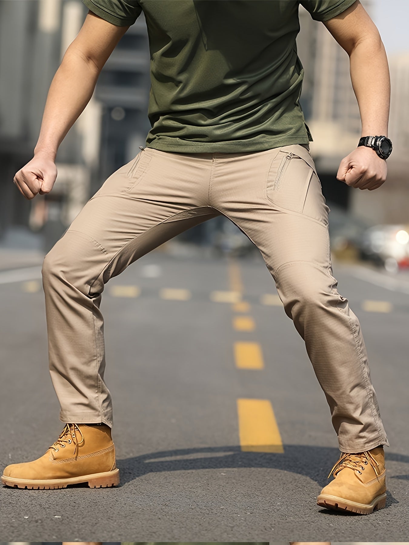 Men's olive green tactical cargo pants made of durable polyester with multiple pockets, perfect for hiking and outdoor adventures. Machine washable and ideal for camping gear.