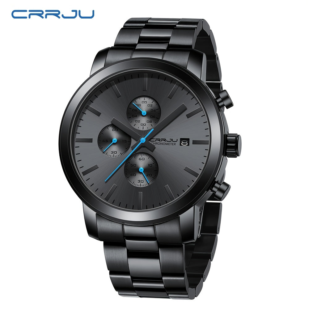 CRRJU Luxury Men's Stainless Steel Quartz Chronograph Watch with Business Style Analog Display.