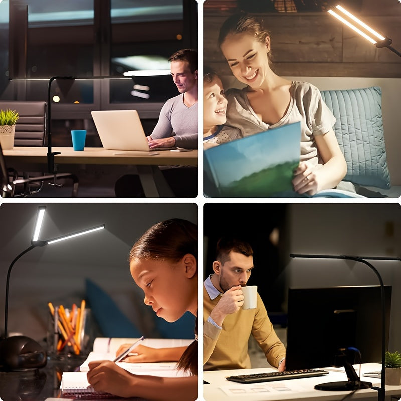 Home office desk lamp with double head clamp, 15W ultra bright, 30 lighting modes, ideal for learning and reading.