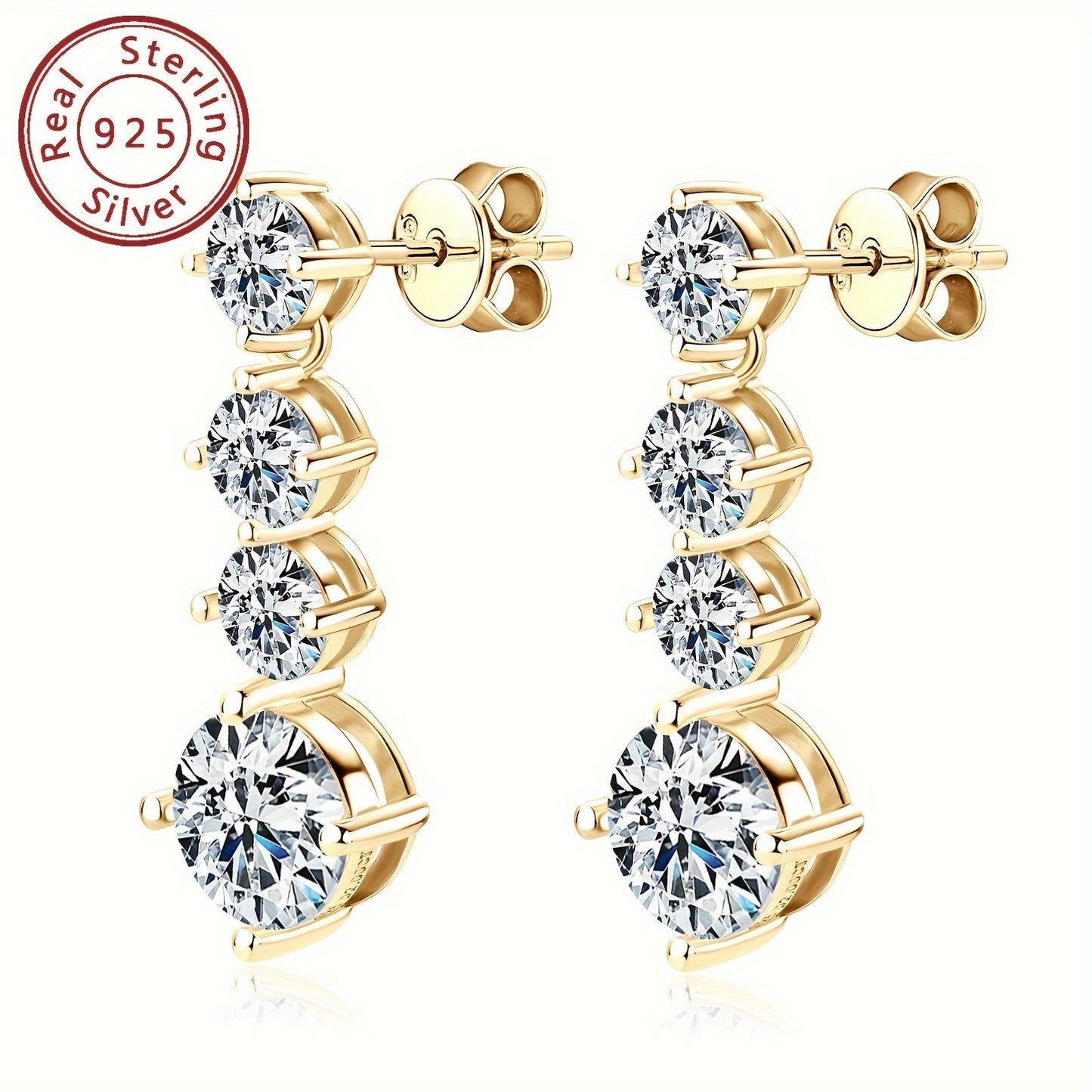 These elegant earrings feature a pair of 925 sterling silver earrings with a single 8mm round Mozambique stone pendant. The D color stones are perfect for any occasion, whether it be for an engagement, wedding, or birthday gift. The earrings weigh