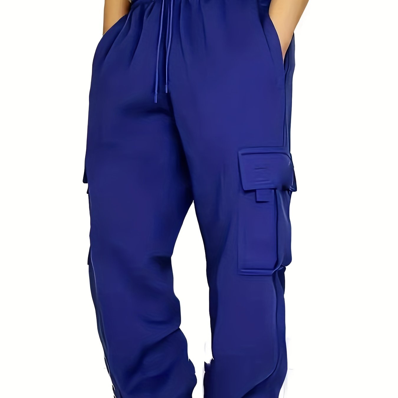 Big and tall men's relaxed cargo trousers with pockets, oversized drawstring pants.