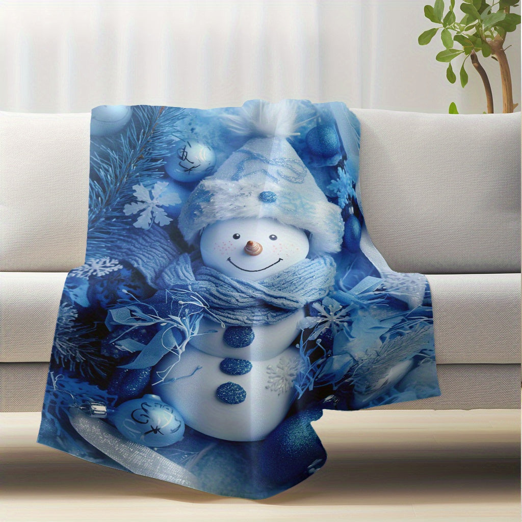 Soft and warm flannel fleece blanket featuring a contemporary snowman blue print. Perfect for cozying up on the sofa, taking a nap at the office, or using during camping and travel. Machine washable and anti-tear for durability. Suitable for all seasons.