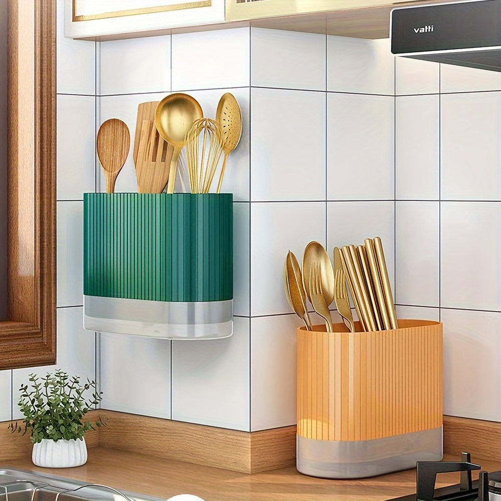 Kitchen Utensil Organizer: Wall-Mounted Holder for Chopsticks, Spoons, and Forks - Features Drainage System and Durable Plastic Storage Caddy