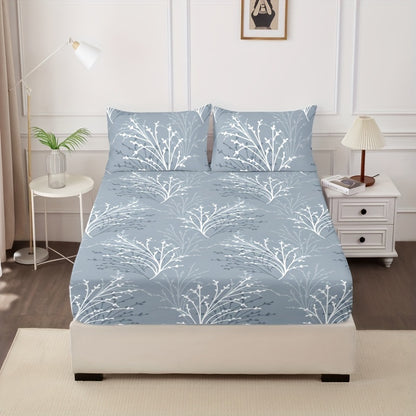 4-piece bedding set includes 1 flat sheet, 1 fitted sheet, and 2 pillowcases made of 100% polyester with floral print. Machine washable and suitable for all seasons. Does not include pillow