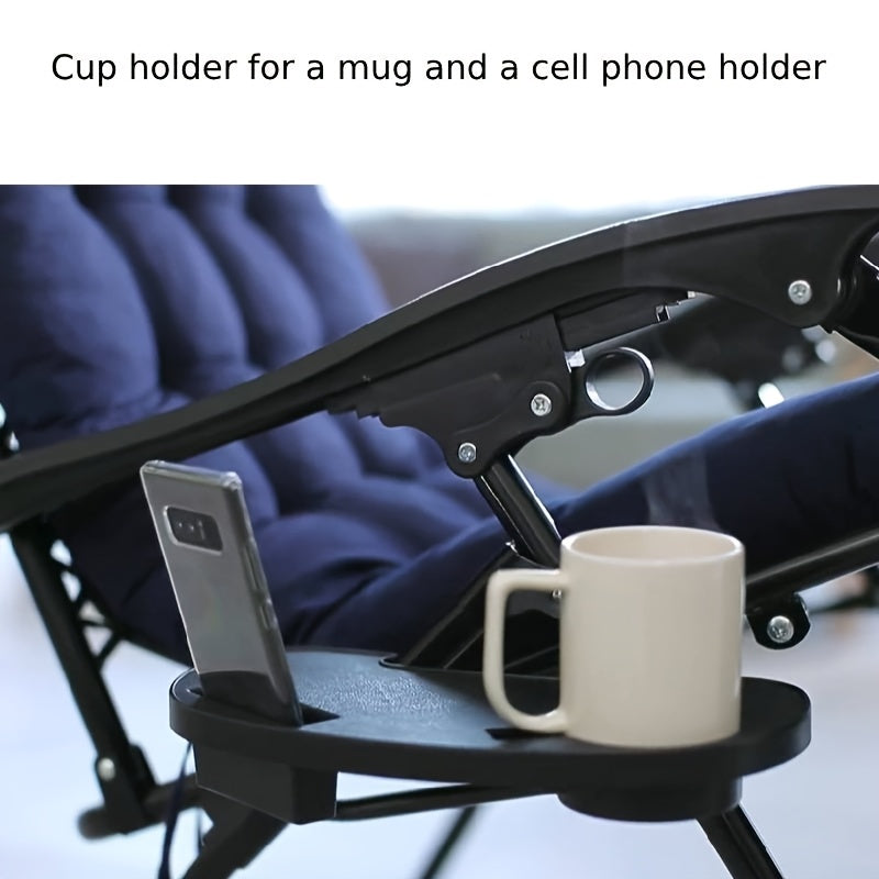 Black plastic cup holder tray with phone slot for recliners, fishing chairs, folding chairs, and lounge chairs. Perfect for home, balcony, camping, and picnic. Does not require electricity.