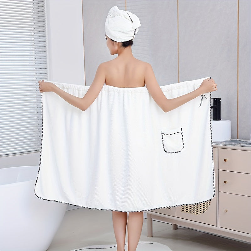 Two-piece bath towel set for adults includes wearable towel with hair towel, bowknot bath skirt, absorbent bathrobe with pockets, bow decor bath wrap towel with shower cap. Perfect bathroom accessories.