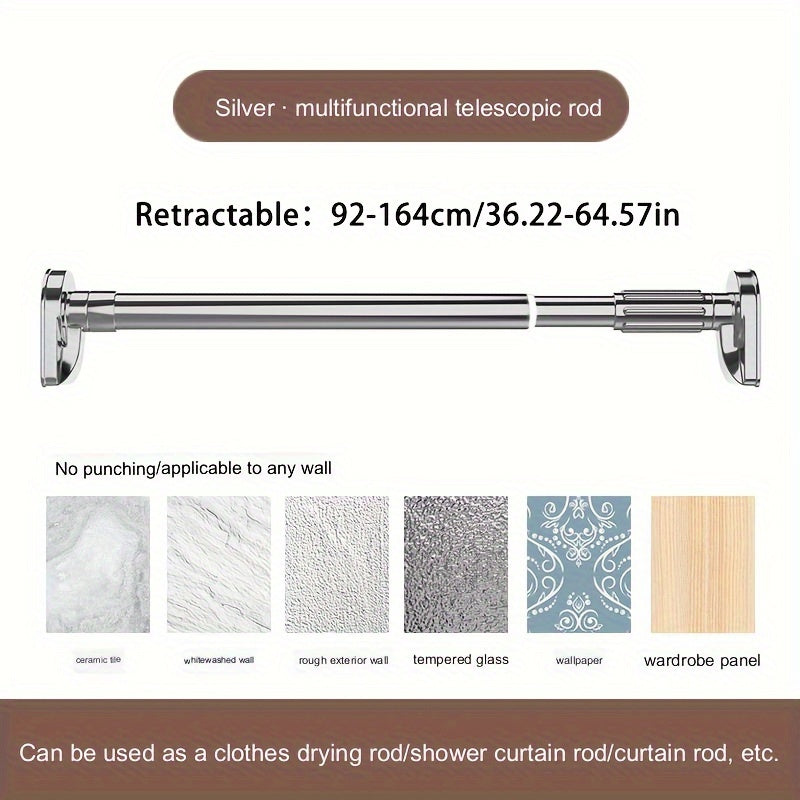 25 square head tubes, telescopic rod with adjustable tension, plastic base with stainless steel tube. Available in silvery, black, white, and gray. Versatile rod for shower curtain, wardrobe, clothes drying, curtain, door curtain. Suitable for bathroom