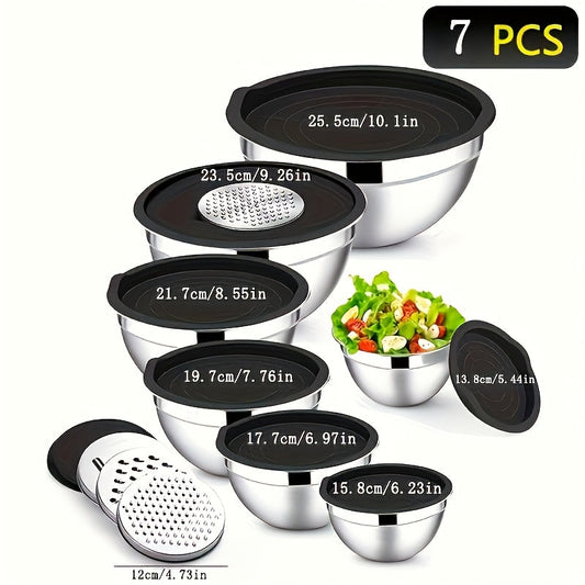 Set of 7 stainless steel mixing bowls with sealed black lids and 3 flossing tools. These nesting bowls are perfect for various kitchen tasks including baking, serving, cooking, dishwashing, and more. Can be used as a fruit bowl, noodle bowl, or any other