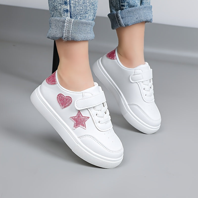 Girls' Cute Star and Heart Pattern Sports Sneakers, Low-Top Lace-Up Shoes for Outdoor Activities, Ages 14 and Under