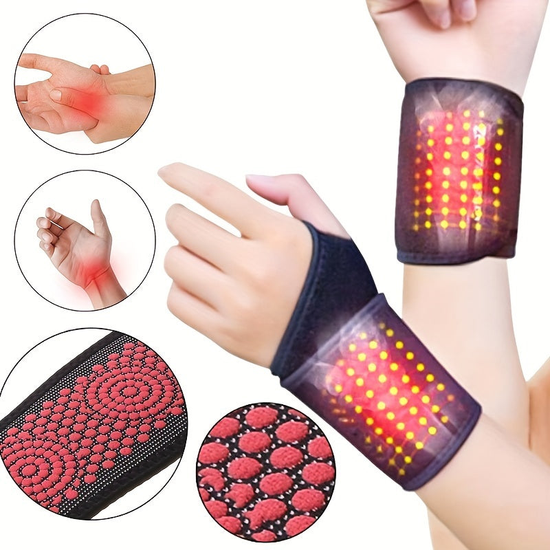 Magnetic wrist support brace with washable cloth wristband for pain relief and relaxation.