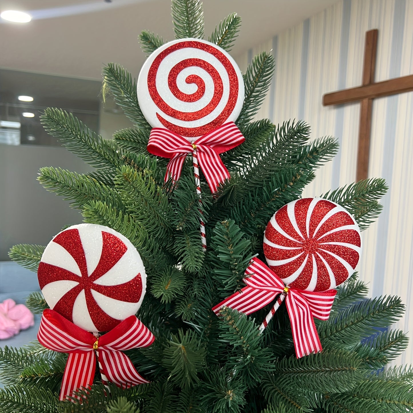 3-piece Christmas tree candy ornaments - red lollipop decorations for holiday parties, Halloween, and home decor - ideal for bedroom, living room, and desktop.