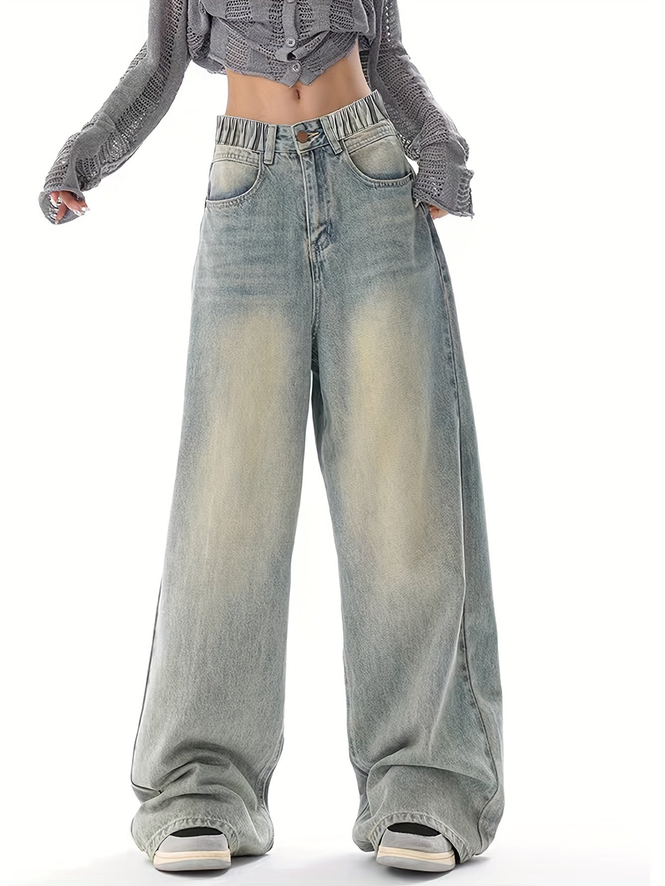 Durable vintage washed grey wide-leg jeans for teen girls with elastic waistband, machine washable, allseason denim.