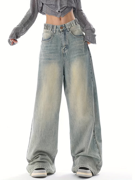 Durable vintage washed grey wide-leg jeans for teen girls with elastic waistband, machine washable, allseason denim.