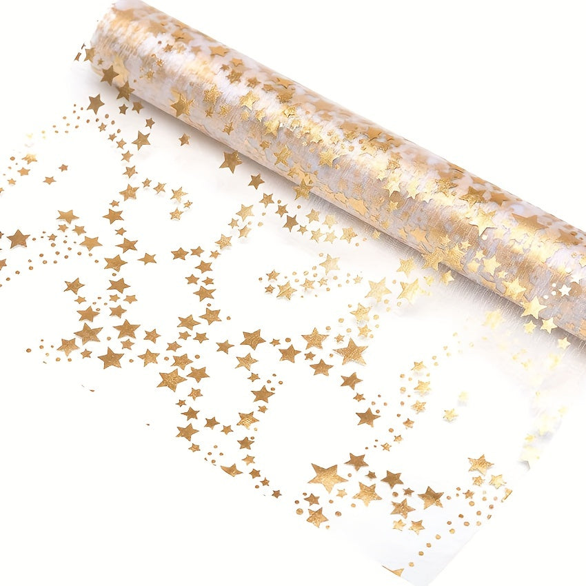 Linen table runner with golden metal organza stars; perfect for Christmas and special occasions. Ideal for room decor or weddings.