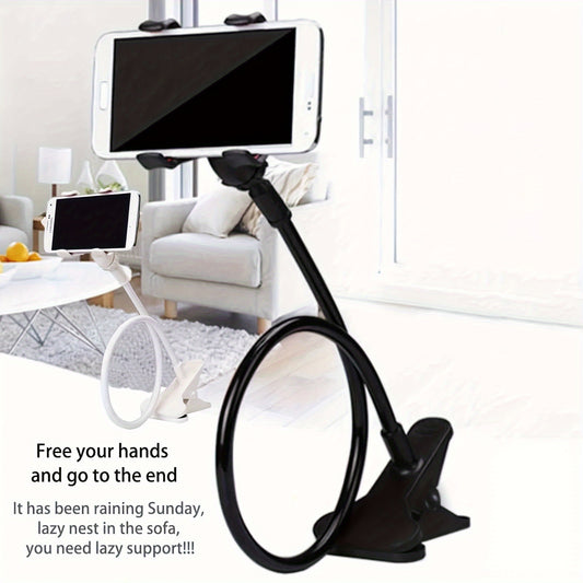 Flexible arm clamp stand for smartphones, adjustable for desktop or bedside use. Portable design allows for hands-free viewing with foldable convenience.