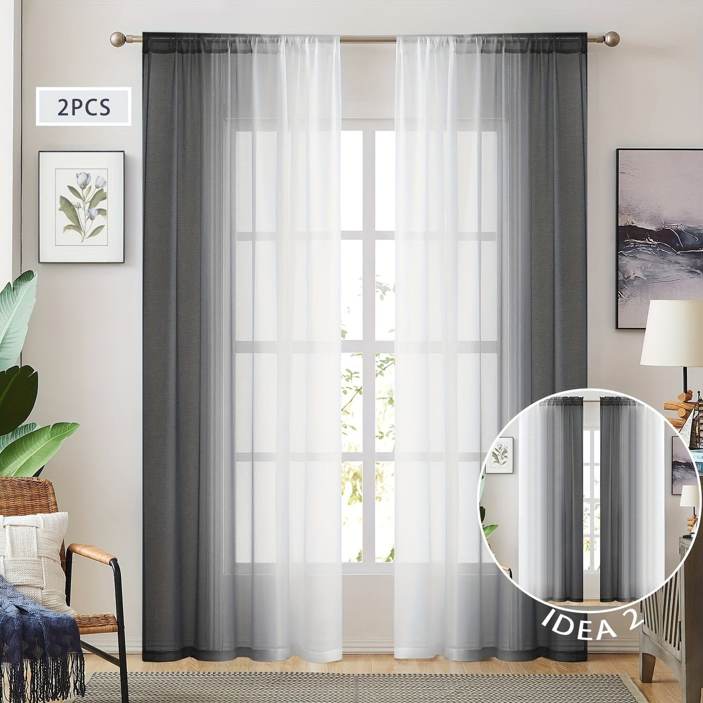 Two pieces of rod pocket curtains with a gradient style, made of transparent imitation linen material. These sheer curtains are perfect for adding a decorative touch to any bedroom, office, kitchen, living room, study, or home decor.