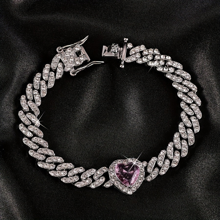 Elevate your style with this 8-inch Elegant Hip-Hop Cuban Chain Bracelet featuring a Rhinestone Heart Charm and Synthetic Gemstone Accents. Perfect for both men and women, this luxurious piece of jewelry is a fashionable choice for everyday wear or as a