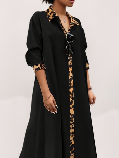 Plus Size Elegant Leopard Print Trim Long Dress with Regular Sleeves made of Women's Polyester Blend. This dress features Non-Stretch Fabric, Long Sleeve, Straight Hem, Loose-Fit Tunic