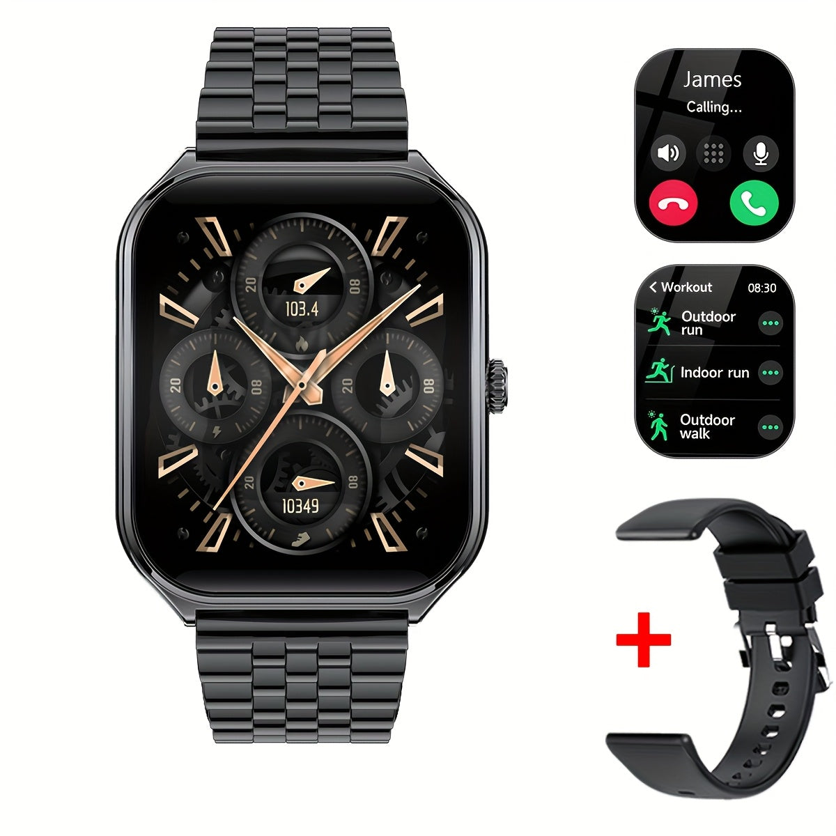 Ultra-thin smartwatch with full touch display, dual screen, USB charging, stainless steel case for Android and iPhone. Ideal for fitness tracking, calls, messages and music control.