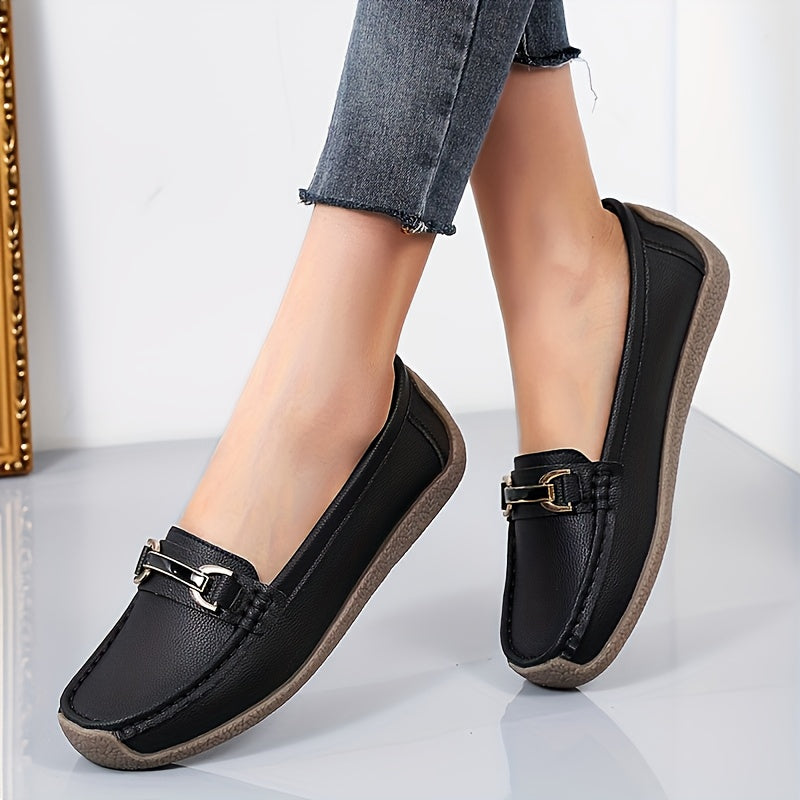 Women's metal decor loafers, casual slip-on flat shoes with lightweight faux leather material.