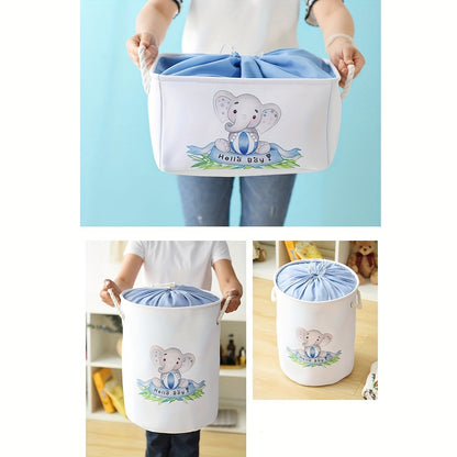 Blue Elephant Design Fabric Storage Basket with Lid - Collapsible and Stackable for Home Organization in Nursery, Wardrobe, or Shelf