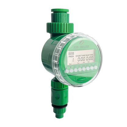 Automatic Digital Watering Timer with LCD Display - Battery operated controller for home irrigation, European standard plastic material, green generation.