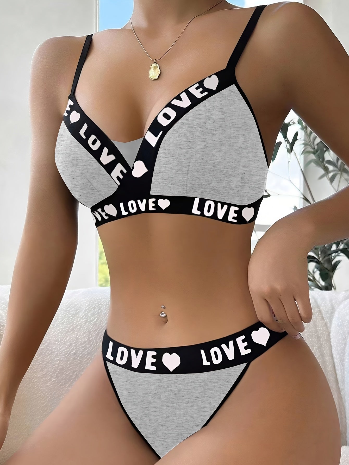 Letter print cami bra and panties set with contrast trim - sexy women's lingerie.