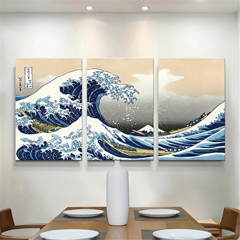 Set of 3 Japanese-style canvas print posters depicting Waves of Kanagawa. Ideal for various wall decor in living rooms, bedrooms, bathrooms, offices, hallways, and kitchens. Frames not included.