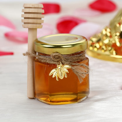 60/50/30/20 Honey Jars, 1.5 oz Hexagon Mini Glass Jars with Wood Dipper, Golden Lid, Bee Pendant, Jute Rope - Perfect for Jam, Candies, Baby Showers, Weddings and Favors.