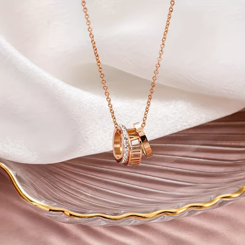 Stylish Pendant Necklace with Roman Numerals and Cubic Zirconia in 18K Gold Plating - Made of 316 Stainless Steel, Perfect Fashion Accessory for Women, Suitable for Everyday Wear and Gifting