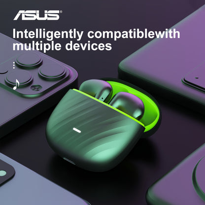 Asus wireless earbuds with microphone, long battery life and charging case for gaming and music.