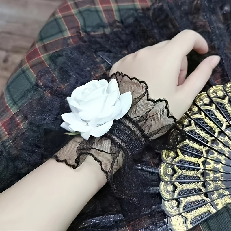 Dark Lolita lace wrist cover sleeve in wine red with rose flower design exudes sexy and elegant style.