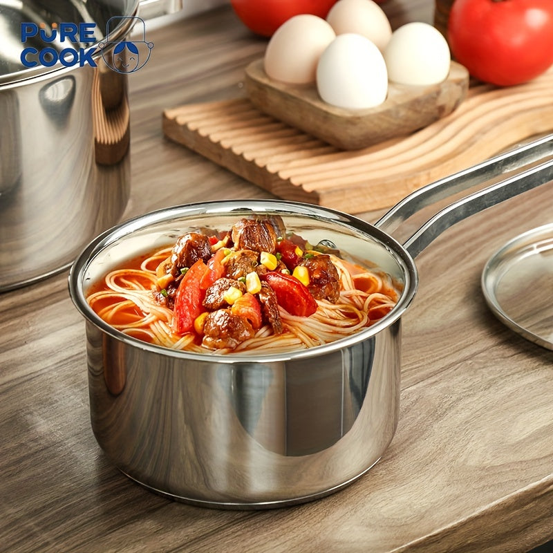 Set of 6 Pure Cook SUS304 Stainless Steel Cooking Pots with Glass Lids - Includes Saucepan, Soup Pot, and Kitchen Cookware. Compatible with Induction, Electric, and Gas Cooktops. Standard set is dishwasher safe.