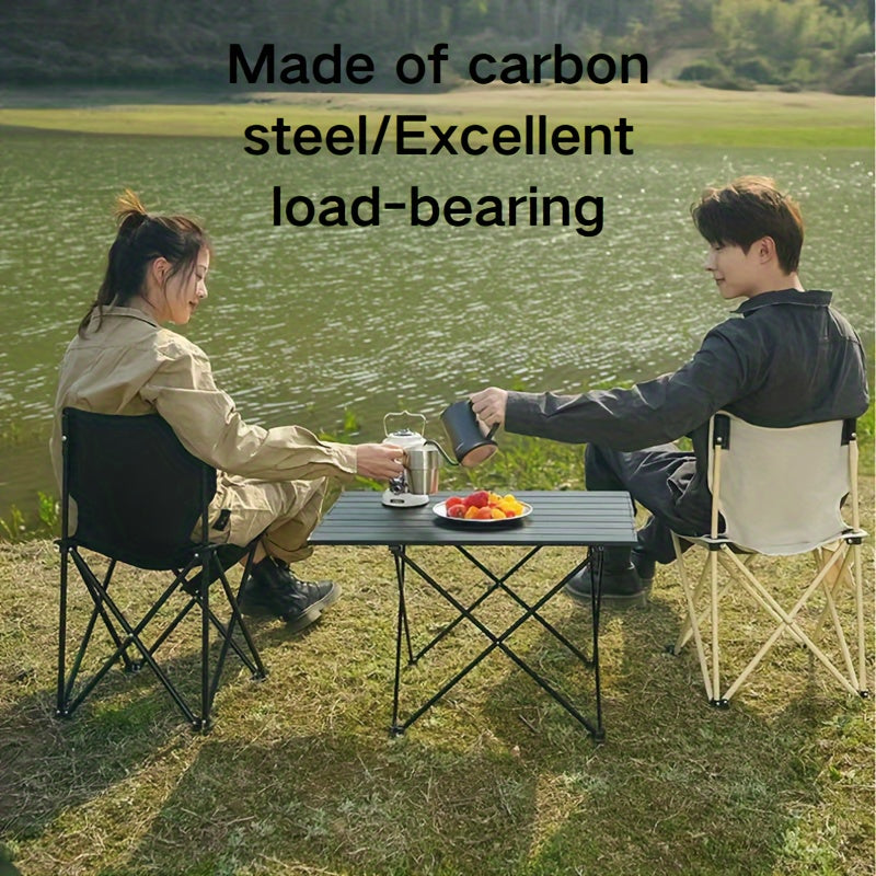 Carbon steel outdoor folding table with storage bag for easy carrying and quick installation, ideal for camping, fishing, parties, barbecues, and garden use.