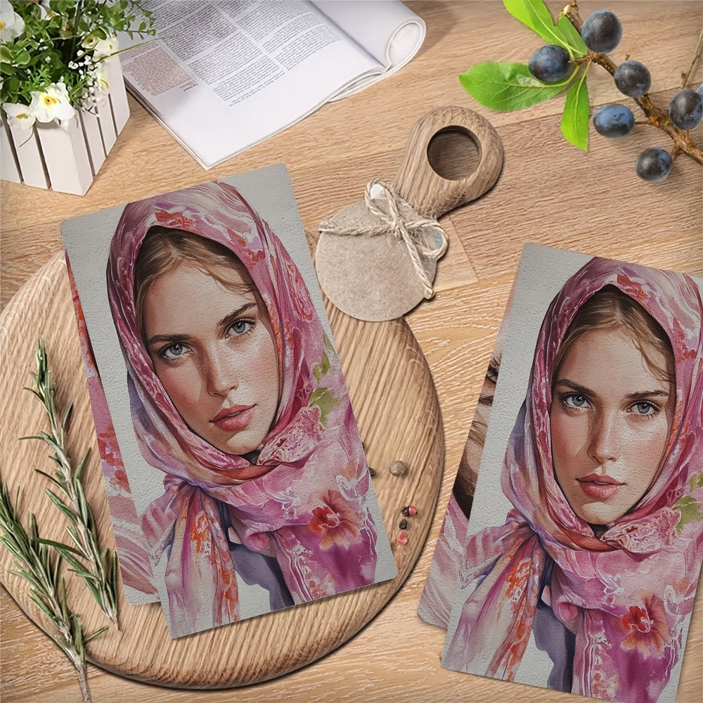 Two pieces of ultra-soft kitchen towels featuring a vibrant floral woman design, with a luxurious silk scarf feel. These towels are highly absorbent, machine washable, and measure 40.64x60.96 cm. Perfect for holiday decor.