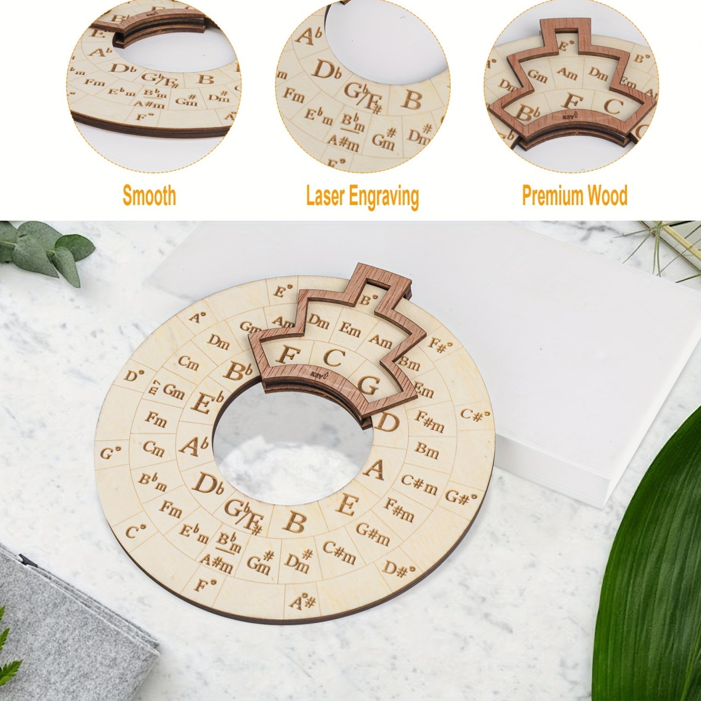 16cm diameter wooden Circle of Fifths for music beginners and creators, easy key change, memorizable for various instruments, no power needed.