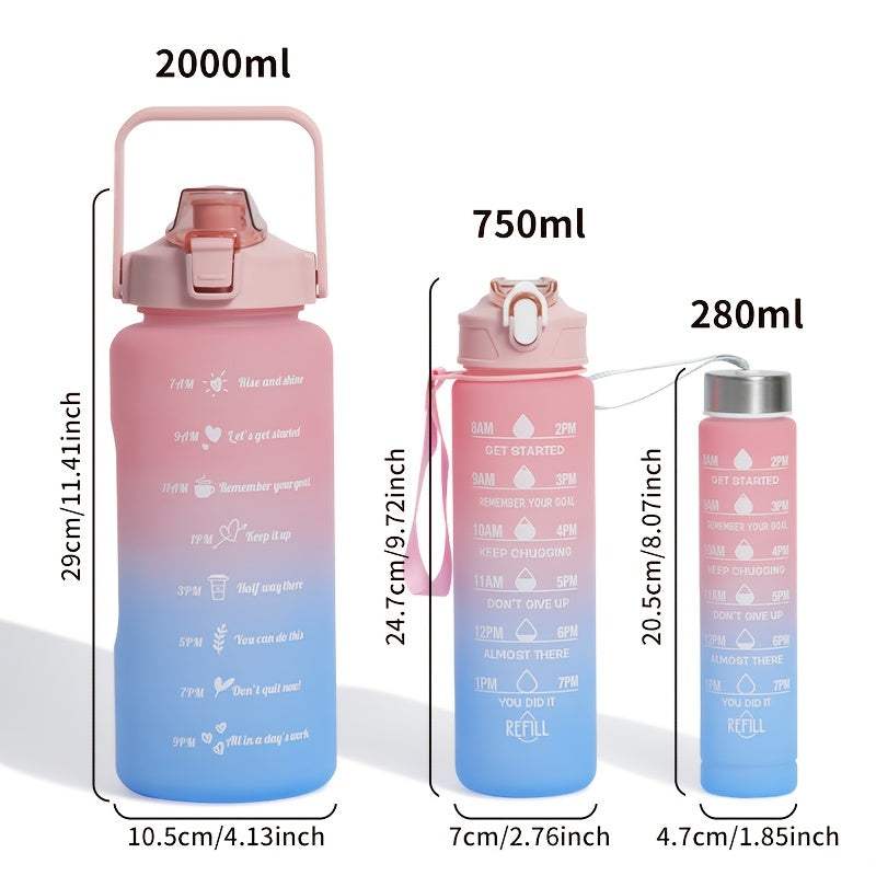 300ml/750ml/2L Gradient Color Frosted Water Bottles with straw, leak-proof design. Ideal for outdoor activities.