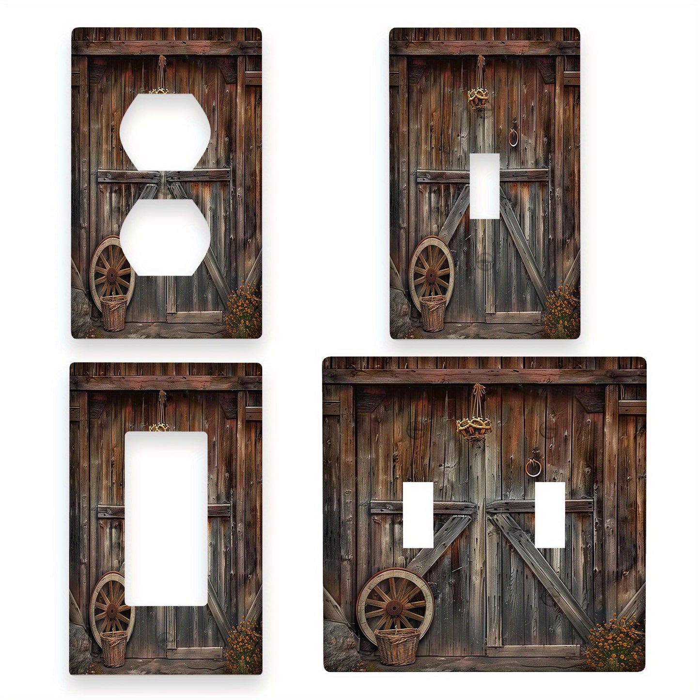 Rustic barn door design light switch cover and outlet covers for kitchen and bedroom electrical decor - single pack available in 1-gang or 2-gang sizes.