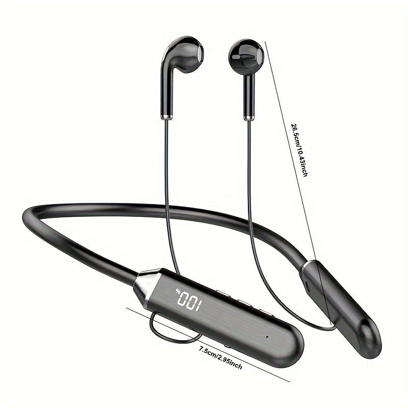 Wireless neckband earphones with noise cancellation, long-lasting battery, USB charging, volume control, plastic build, ideal for gaming and sports.