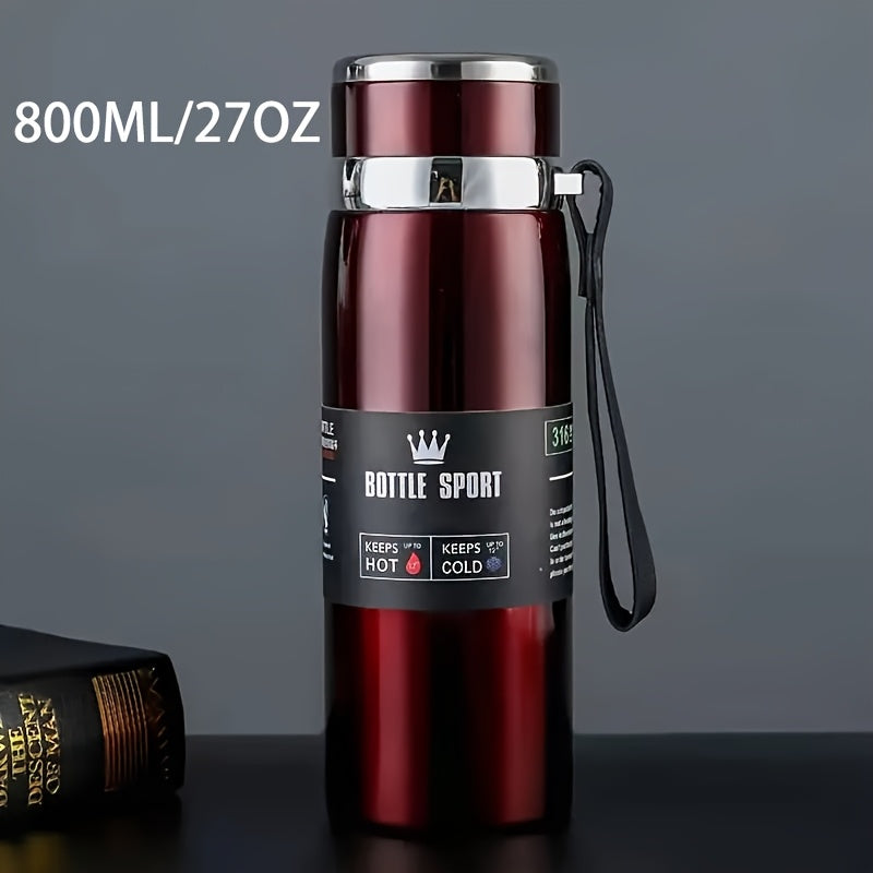 Stainless steel 1000ml vacuum insulated water bottle with portable strap, BPA-free, keeps hot/cold for sports and outdoor activities, hand wash only.