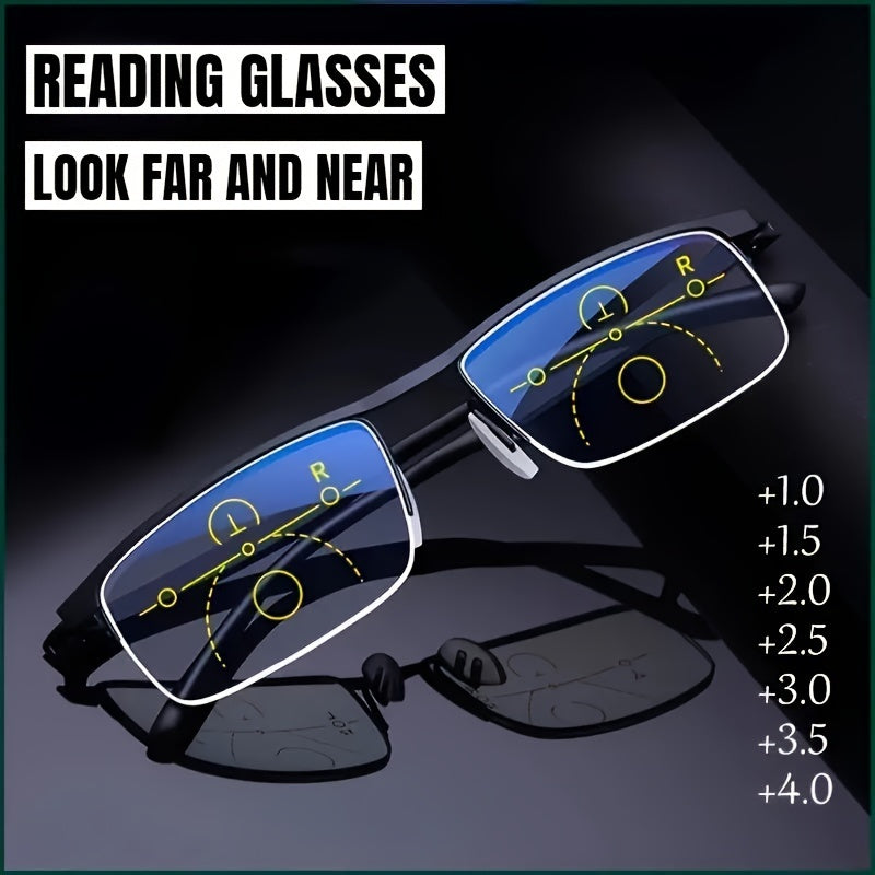 1 pair of progressive multi-focus reading glasses with semi-frame rectangular design for both men and women. Available in 3 colors with a mirror case.