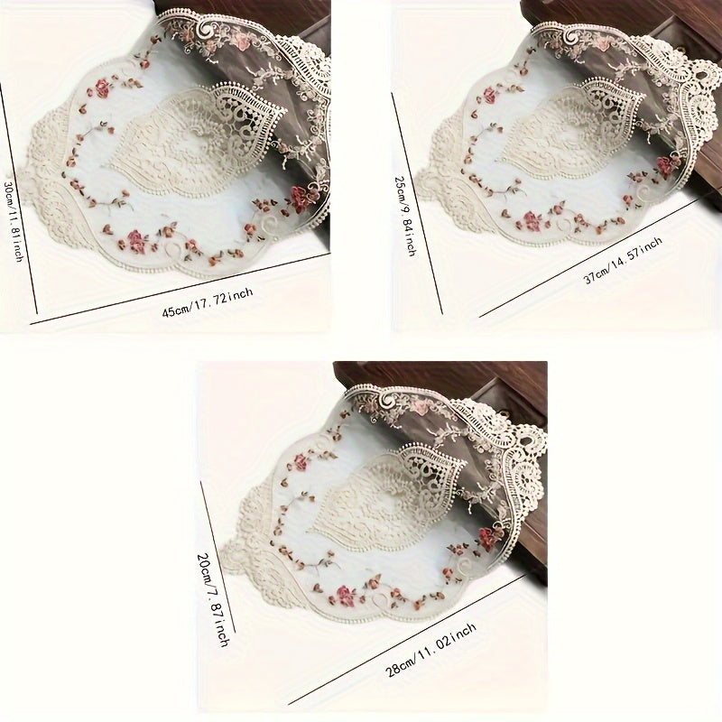 Vintage French lace embroidered placemat in polyester, ideal for dressing up tables or as a photography prop.