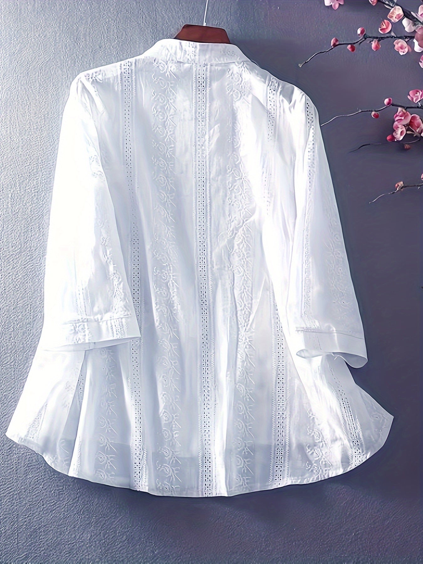 Women's embroidered stand collar polyester shirt, 100gsm woven fabric for spring/summer season, adult fashion blouse.