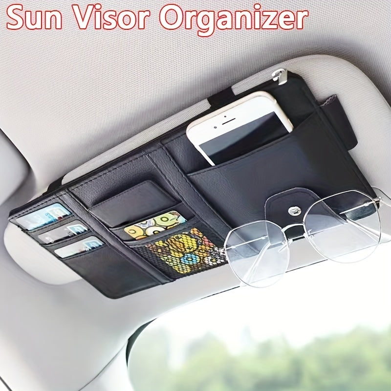 Car sun visor storage bag with multifunction card holder, driver's license, documents, and bills in PU leather. Includes car glasses clip for organization.