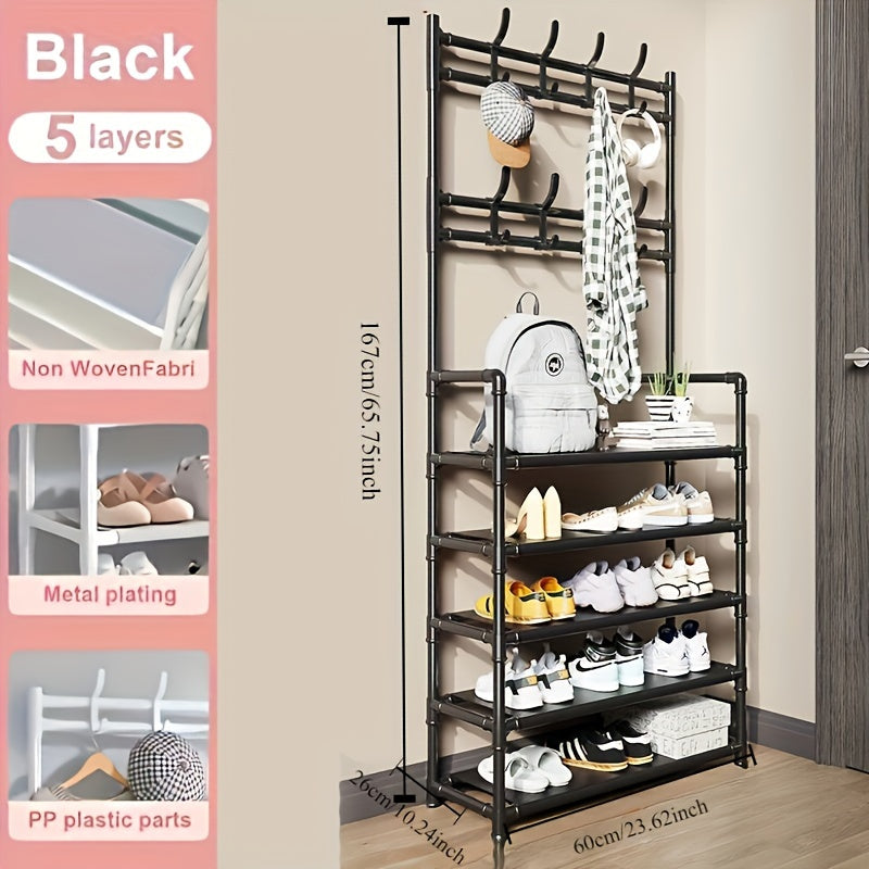 Multi-tier iron storage organizer with 8 dual hooks, versatile shoe rack and coat hanger for various rooms - uncharged, includes SKU quantity.