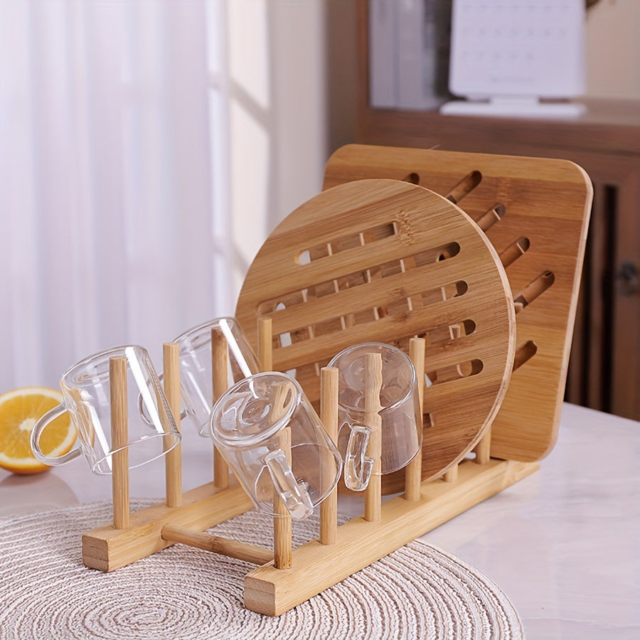 Premium Bamboo Dish Rack featuring a Cup Holder - Organize Your Kitchen with this Space-Saving Storage Solution, Made from Durable Hardwood, Equipped with Glassware Display and Drainage System, Ideal for Home or Supermarket Use, Essential Kitchen