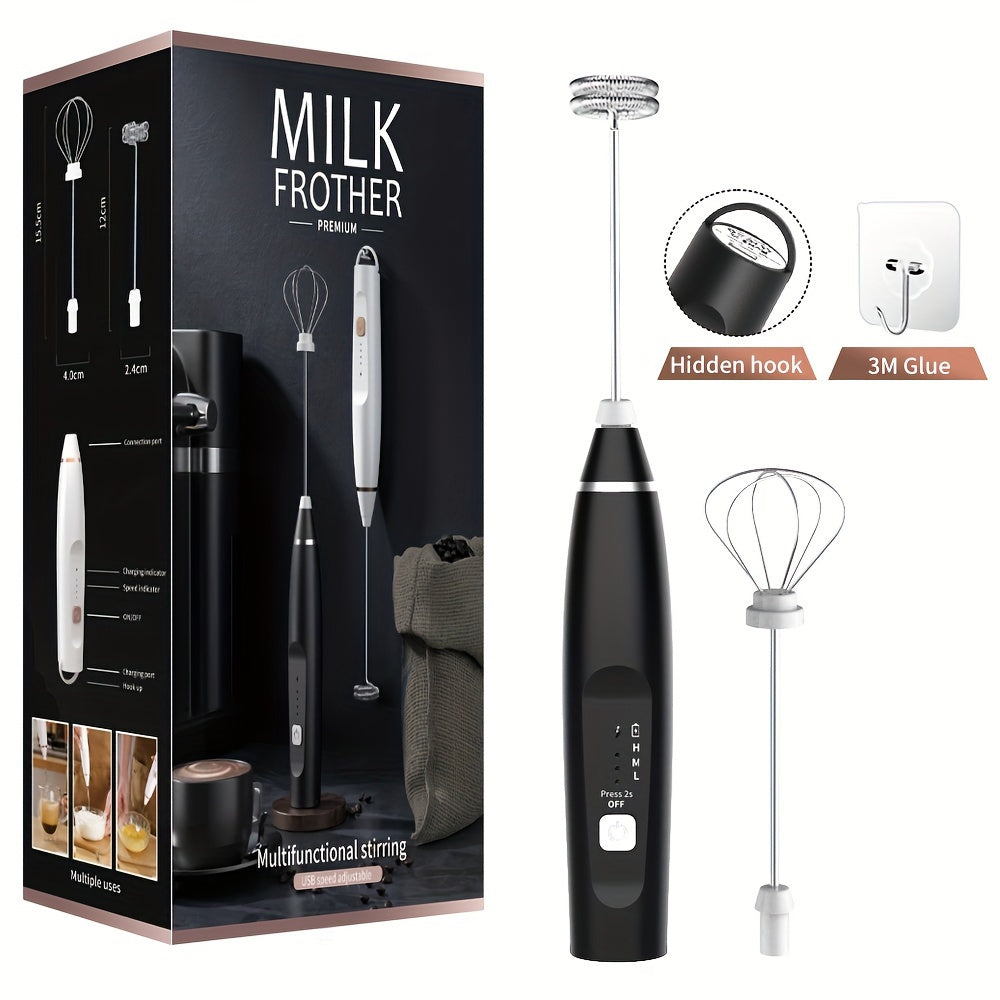 Durable Plastic Electric Milk Frother Handheld with 3-Speed Adjustable USB Rechargeable Feature, Comes with 2 Stainless Steel Whisks for Cappuccinos, Hot Chocolate, Milkshakes, and Eggs - Conveniently Portable.